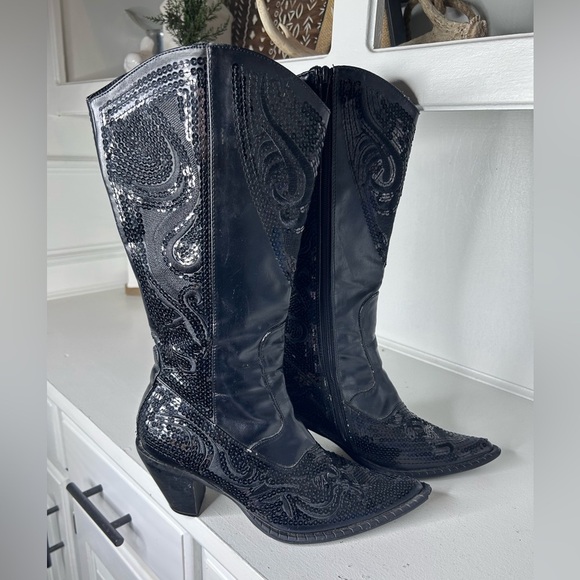 Helen’s Heart Black Sequin Western Boots Women’s 8 Pointed Toe Rhinestone Cowboy - Picture 5 of 8